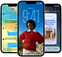Three iPhone 17e devices, showing Messages app with Liquid Glass design, dynamic Lock Screen and Visual Intelligence in use