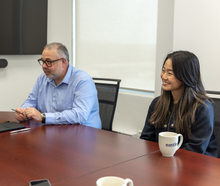 Two employees in a business meeting