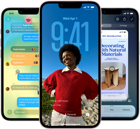 Three iPhone 17e devices, showing Messages app with Liquid Glass design, dynamic Lock Screen and Visual Intelligence in use
